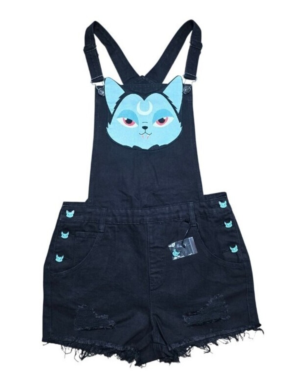 Killstar Lil Vampurr Black Cat Denim Overalls Shorts Women's Size XS NEW